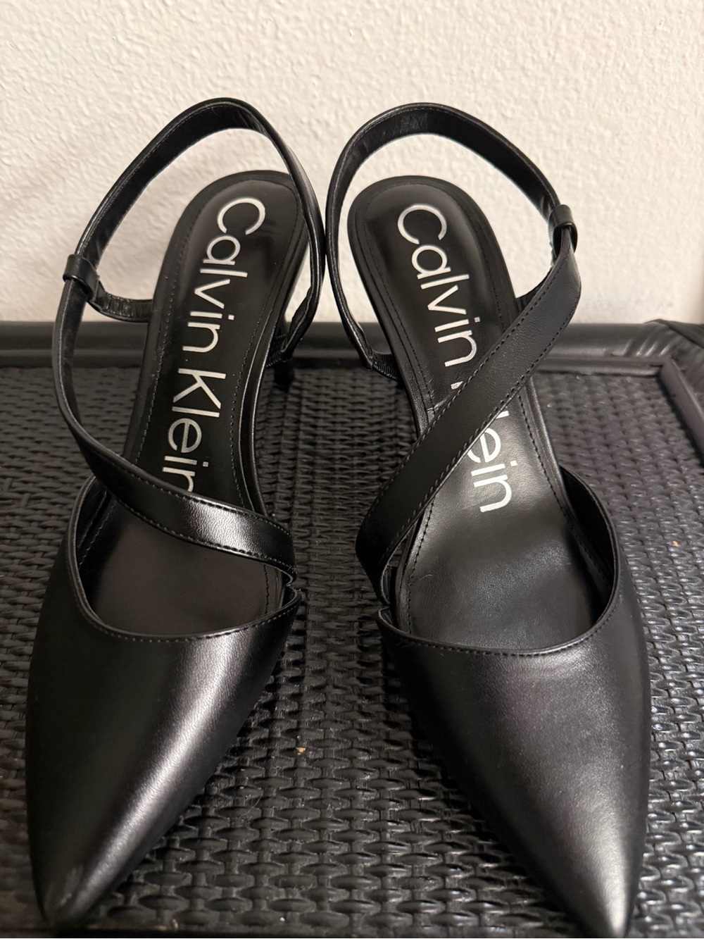 Calvin Klein Black Pointed Slingback Pumps with Crisscross Straps